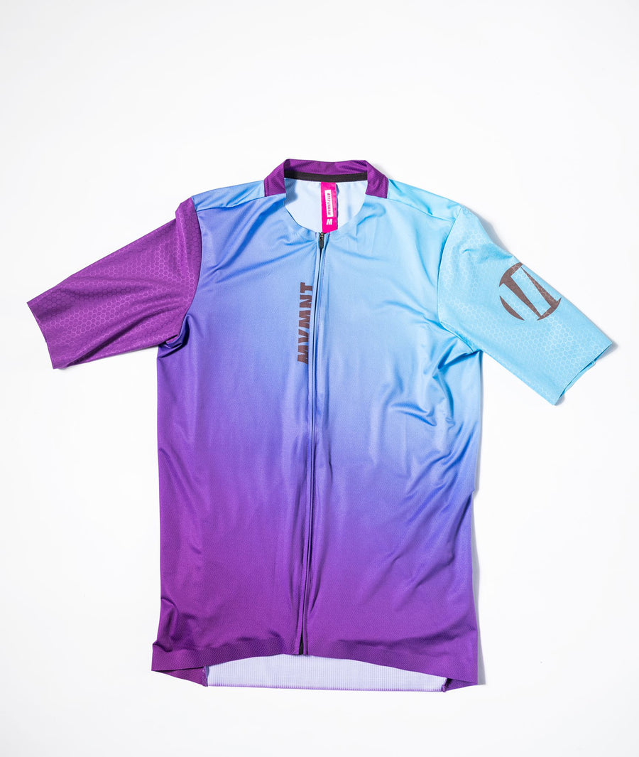 A finished MVMNT custom cycling jersey in a club's own colours, photographed flat